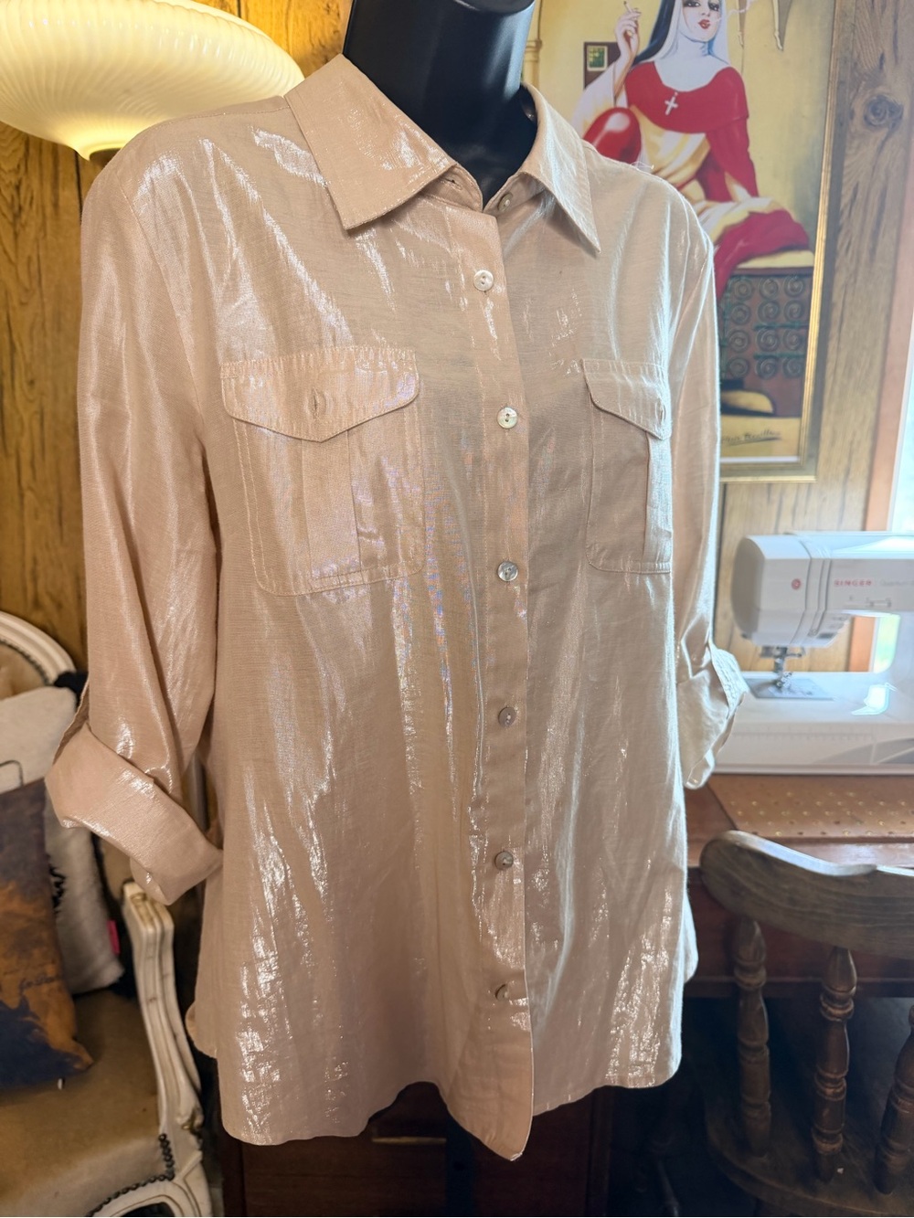 Ruby Rd. Shimmery Champagne Button-Down Blouse - Picture 10 of 11
